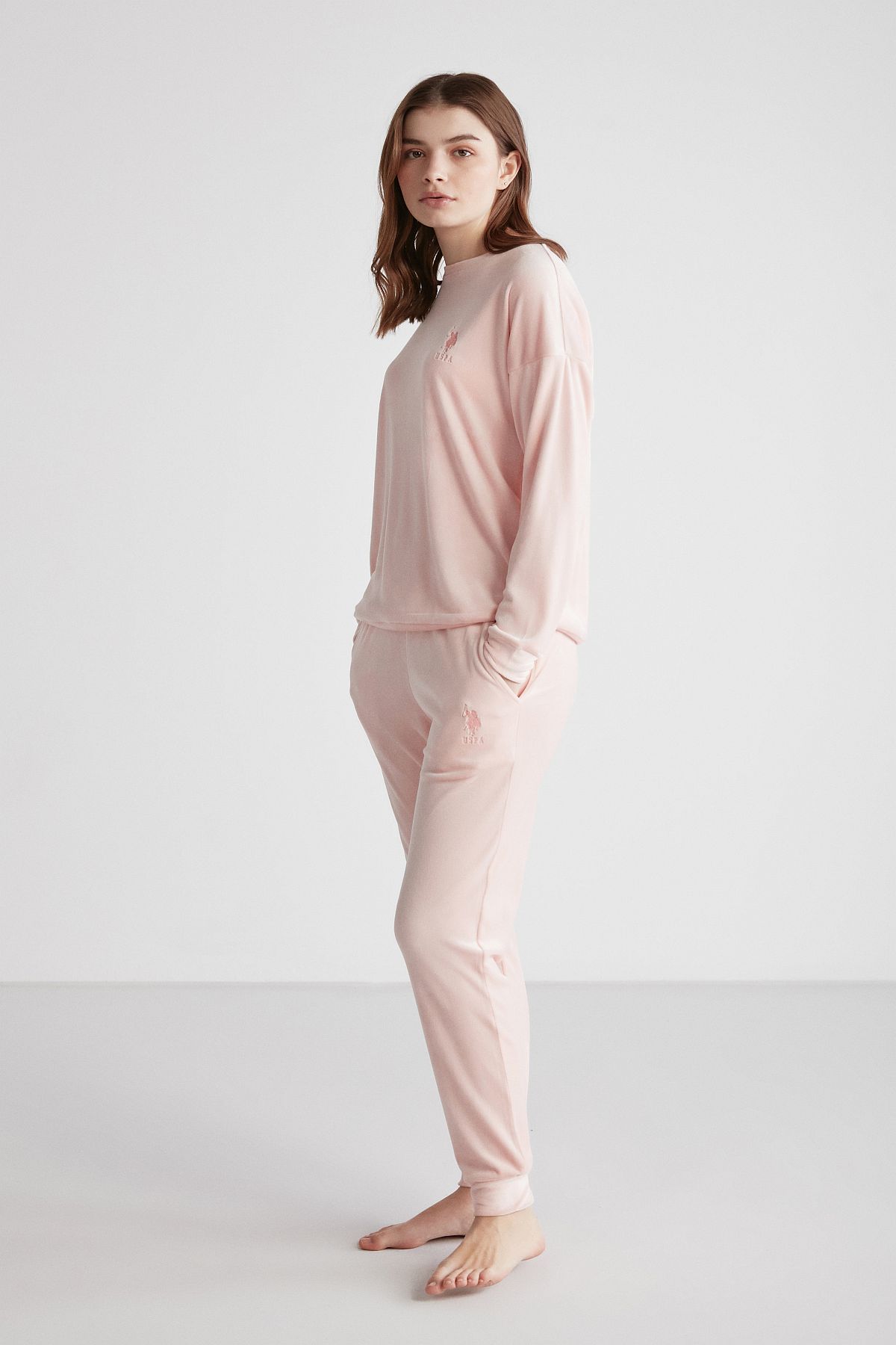 U.S. Polo Assn. 16949 Kadın Pembe Yuvarlak Yaka Uzun Kollu Pijama Takımı