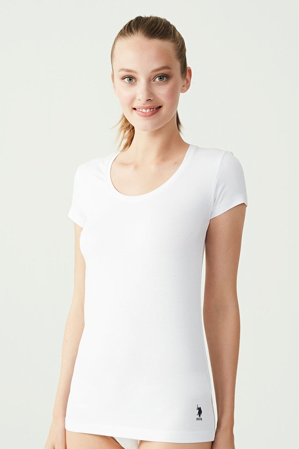 U.S. Polo Assn. 66003 Kadın Beyaz Derin Yuvarlak Yaka T-Shirt