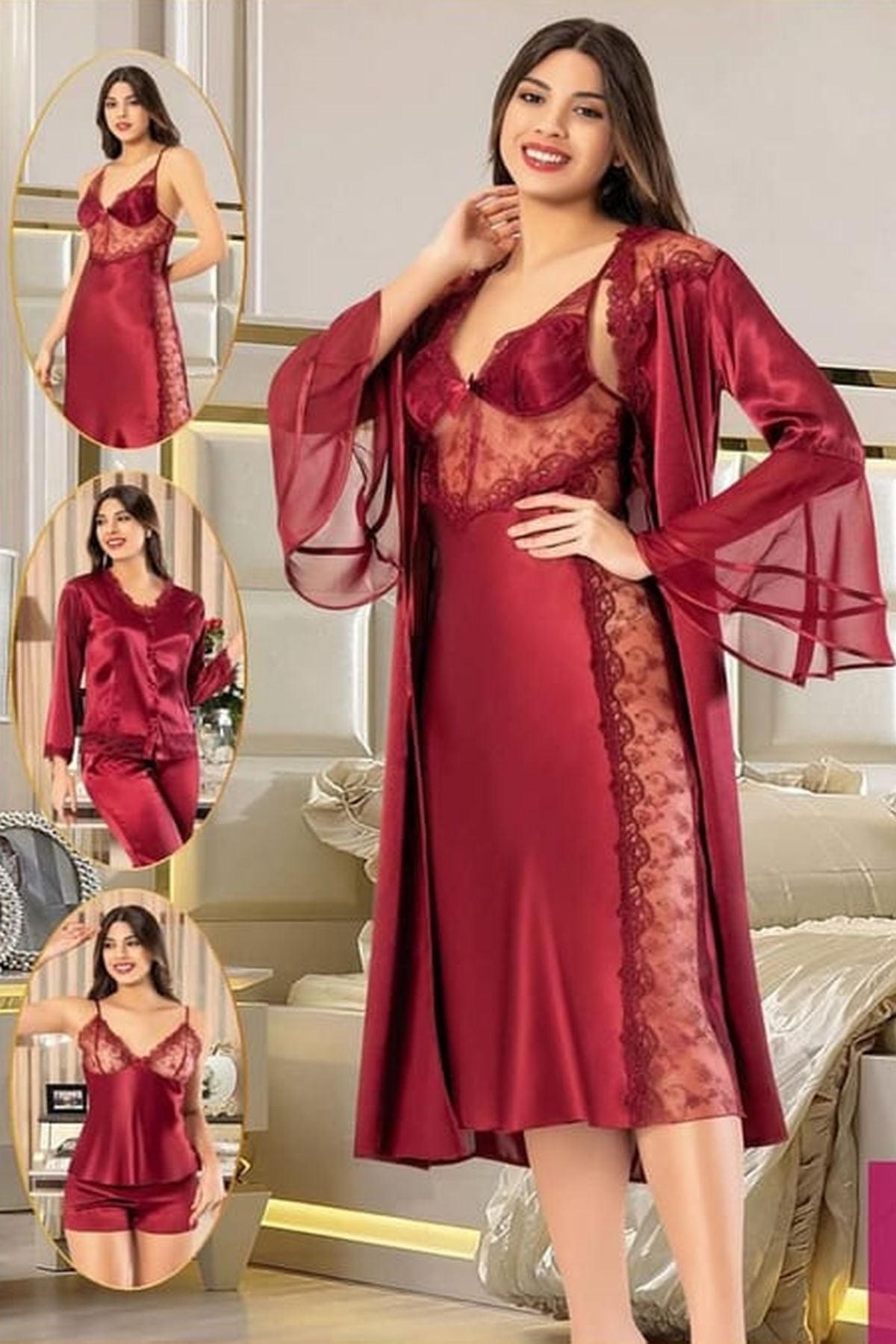 Xses 1005 Kadın Bordo Çeyizlik Dantelli Saten 6 Lı Takım