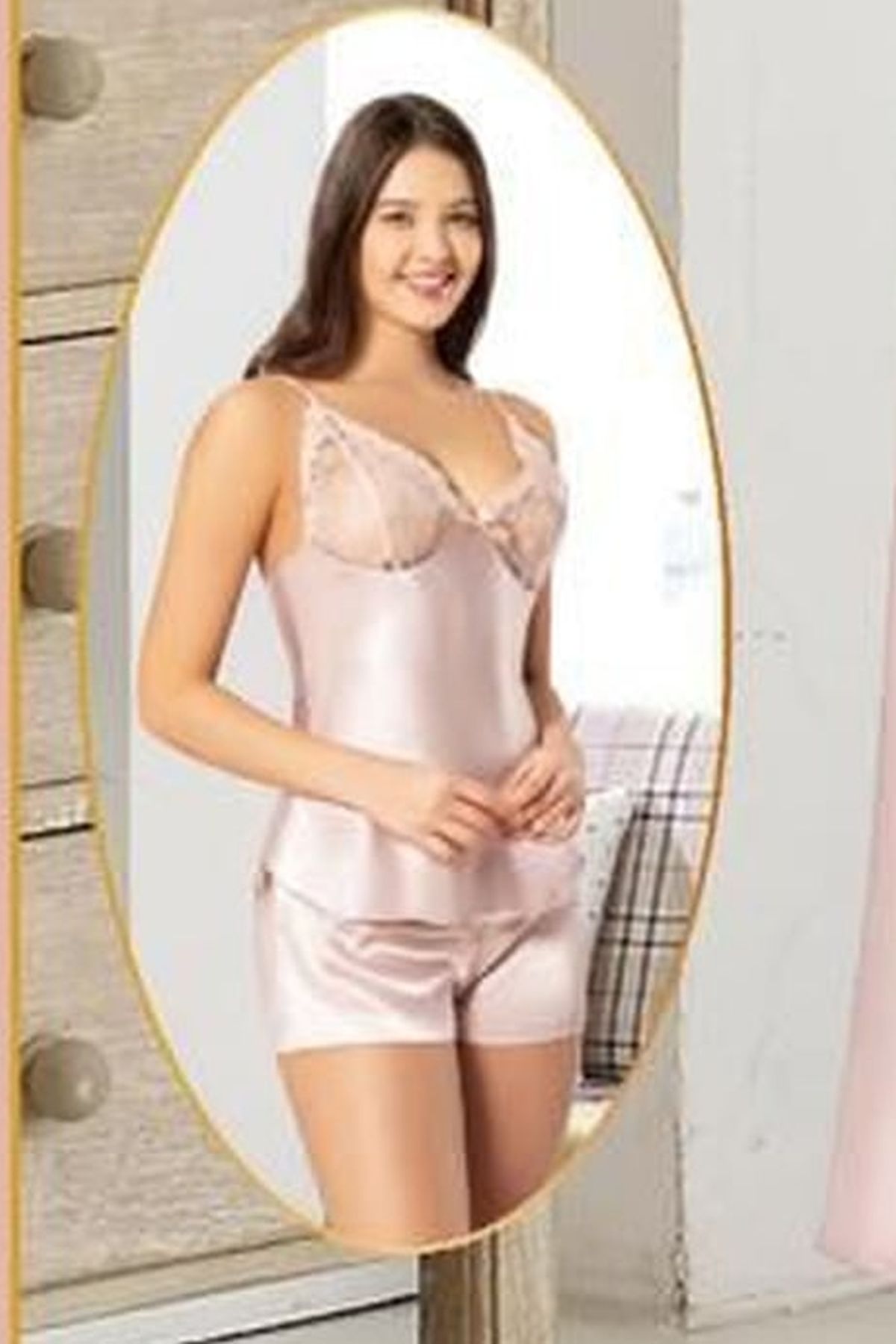 Xses 1005 Kadın Pudra Çeyizlik Dantelli Saten 6 Lı Takım