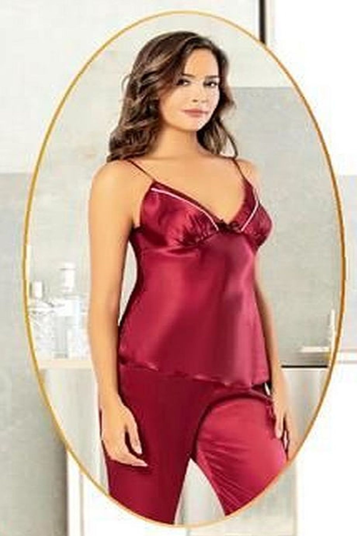 Xses 2101 Kadın Bordo Saten Sabahlıklı Pijama Takım