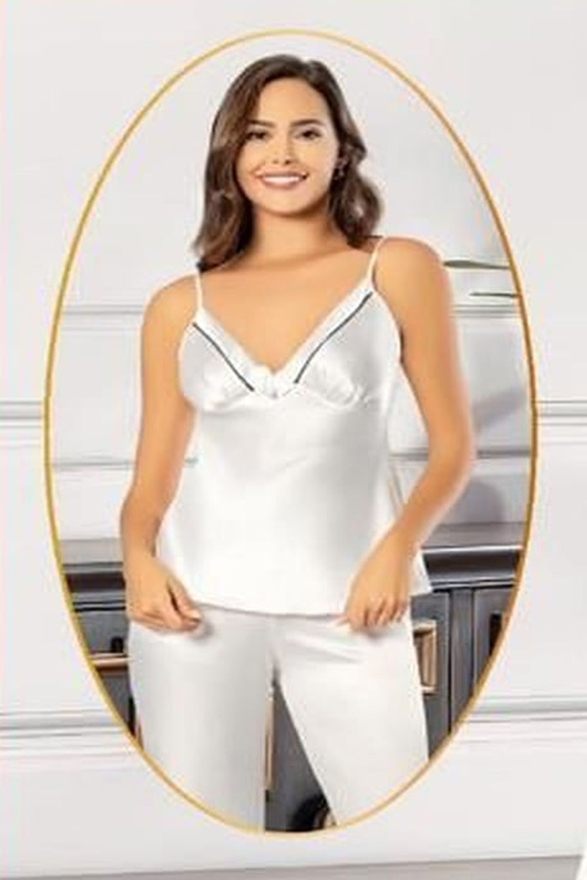 Xses 2101 Kadın Ekru Saten Sabahlıklı Pijama Takım