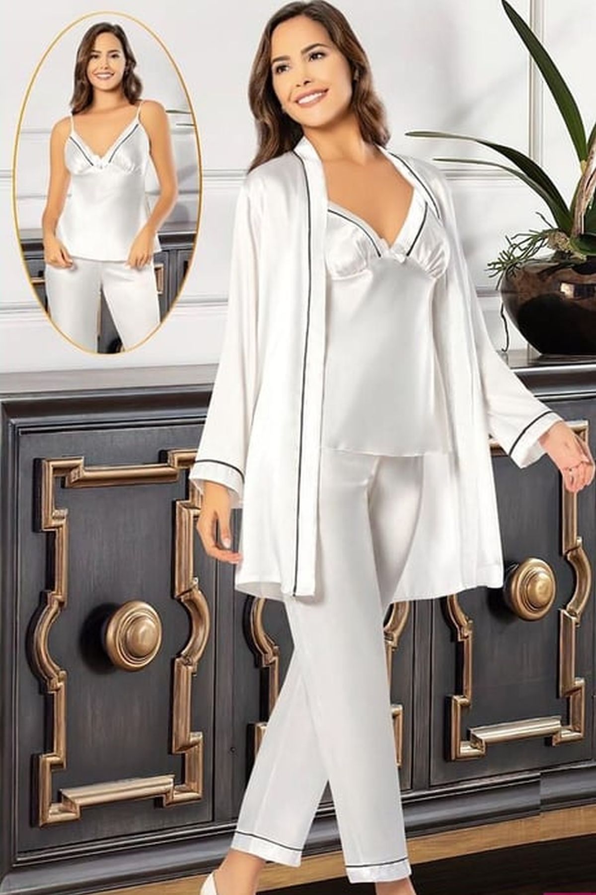 Xses 2101 Kadın Ekru Saten Sabahlıklı Pijama Takım