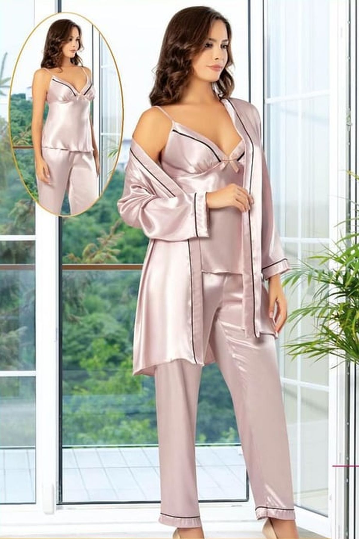 Xses 2101 Kadın Pudra Saten Sabahlıklı Pijama Takım