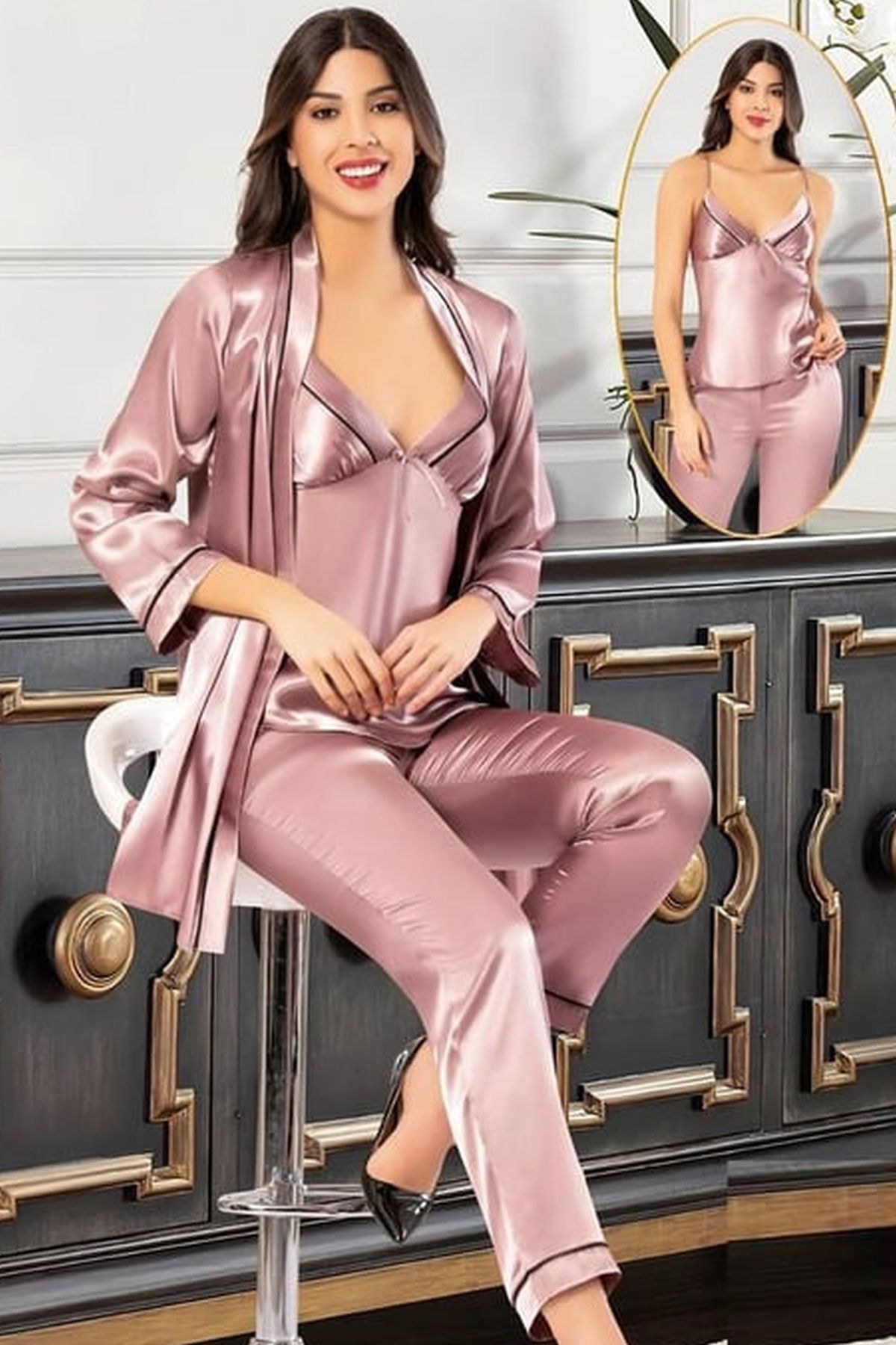 Xses 2101 Kadın Vızon Saten Sabahlıklı Pijama Takım