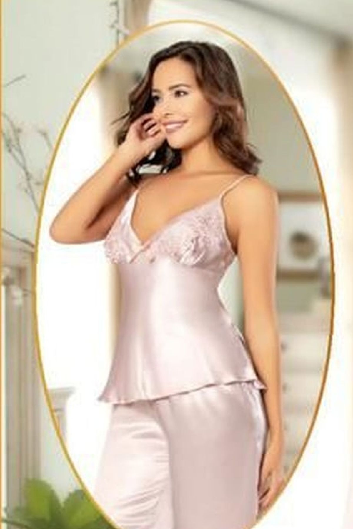 Xses 2102 Kadın Pudra Saten Sabahlıklı Pijama Takım