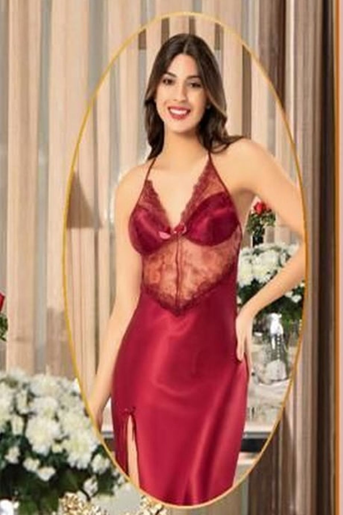 Xses 2110 Kadın Bordo Saten Sabahlıklı Gecelik Takım