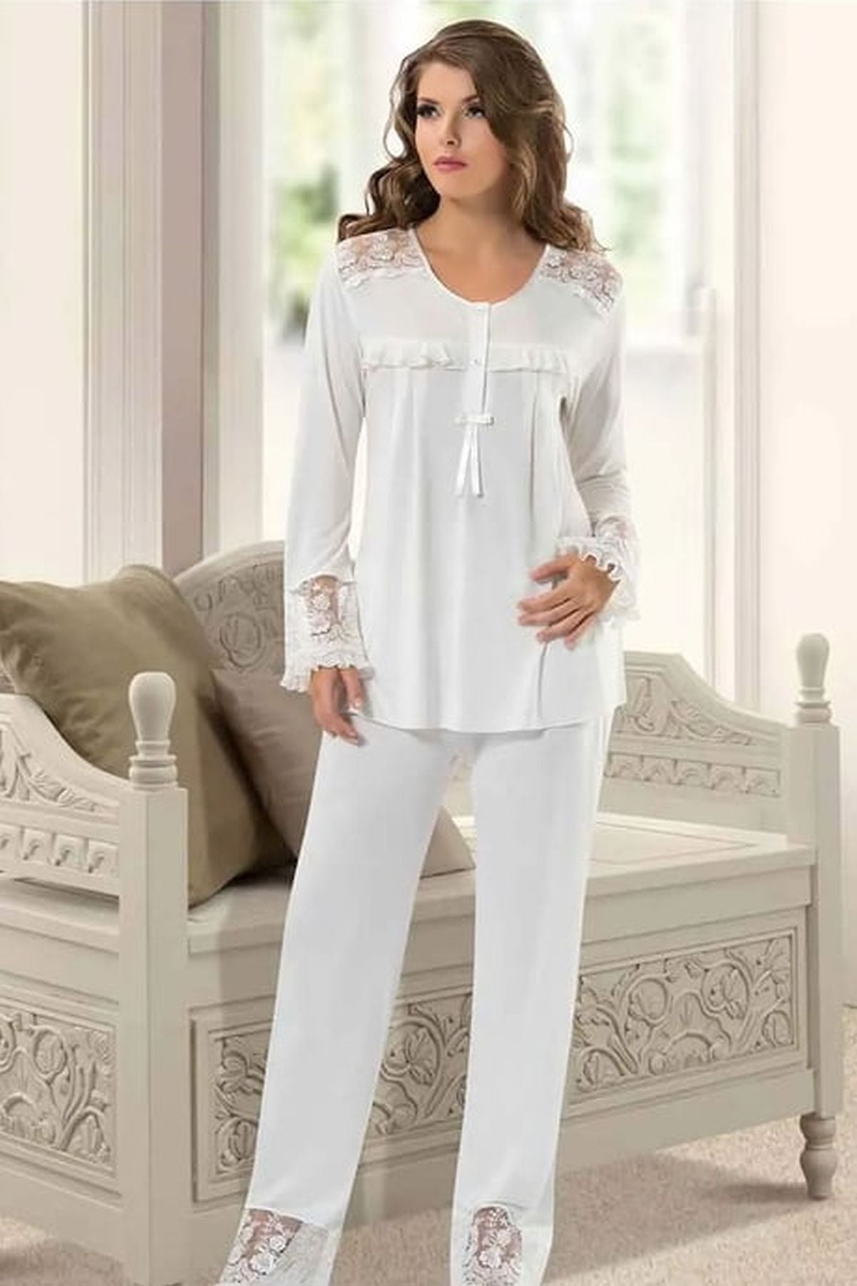 Xses 2130 Kadın Ekru Hamile Lohusa Sabahlıklı Uzun Kollu Yarım Patlı Pijama Takım