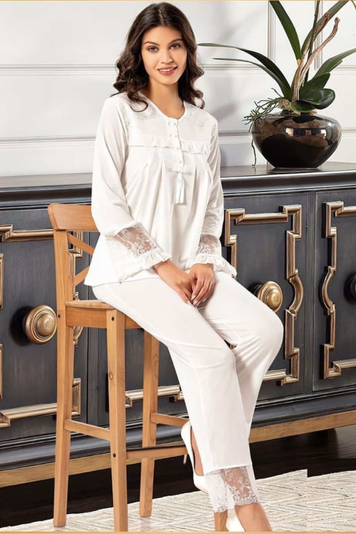 Xses 2130 Kadın Ekru Hamile Lohusa Sabahlıklı Uzun Kollu Yarım Patlı Pijama Takım