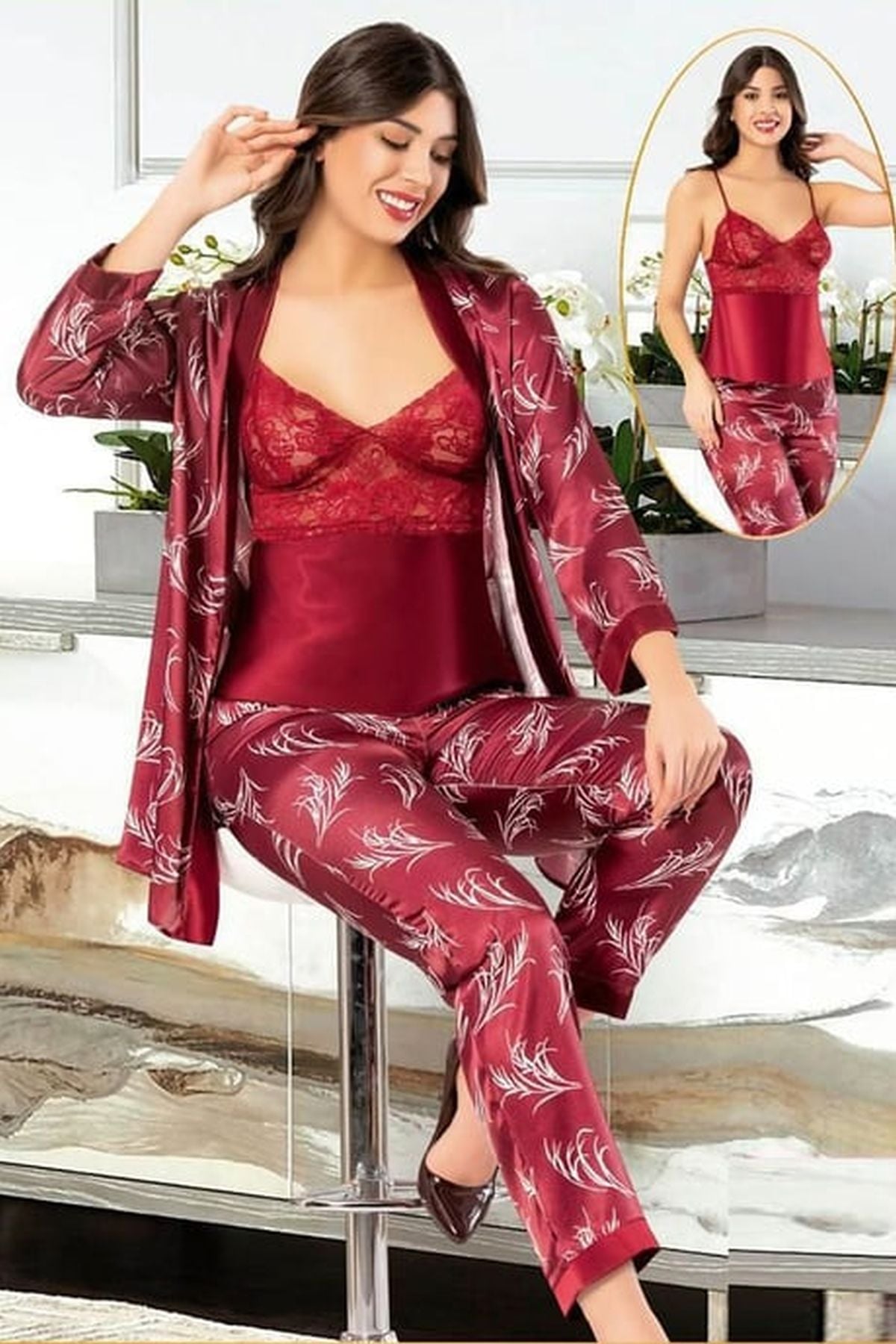 Xses 2150 Kadın Bordo Saten Empirme Sabahlıklı Pijama Takım