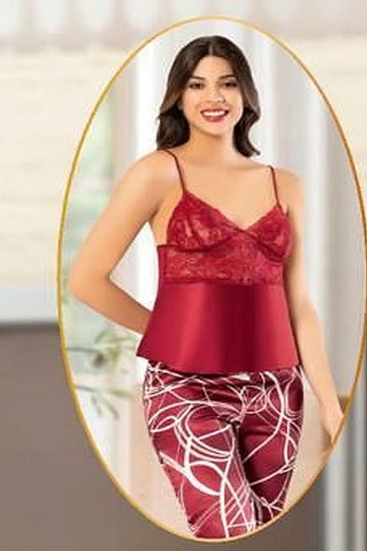 Xses 2151 Kadın Bordo Saten Empirme Sabahlıklı Pijama Takım