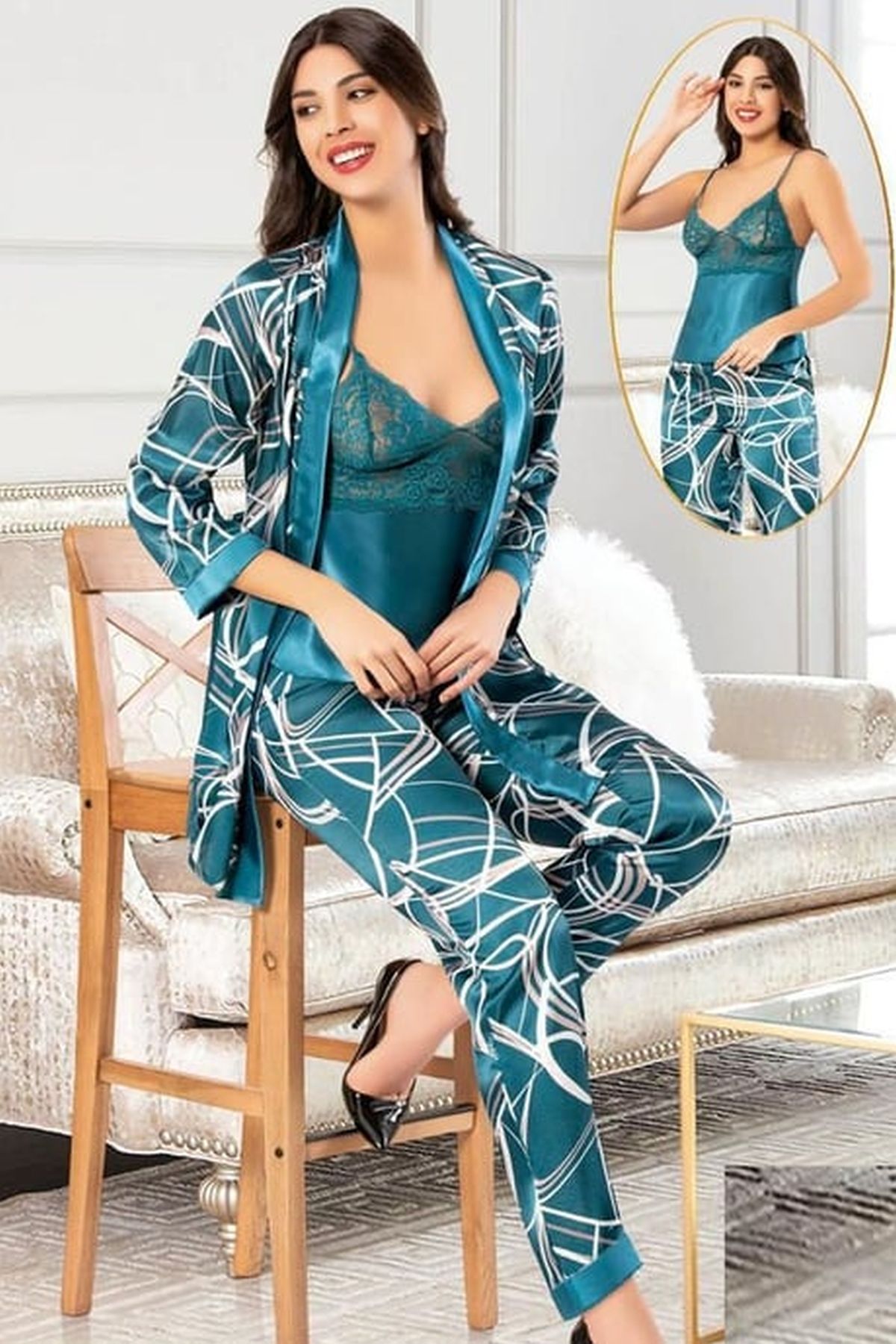 Xses 2151 Kadın Petrol Saten Empirme Sabahlıklı Pijama Takım