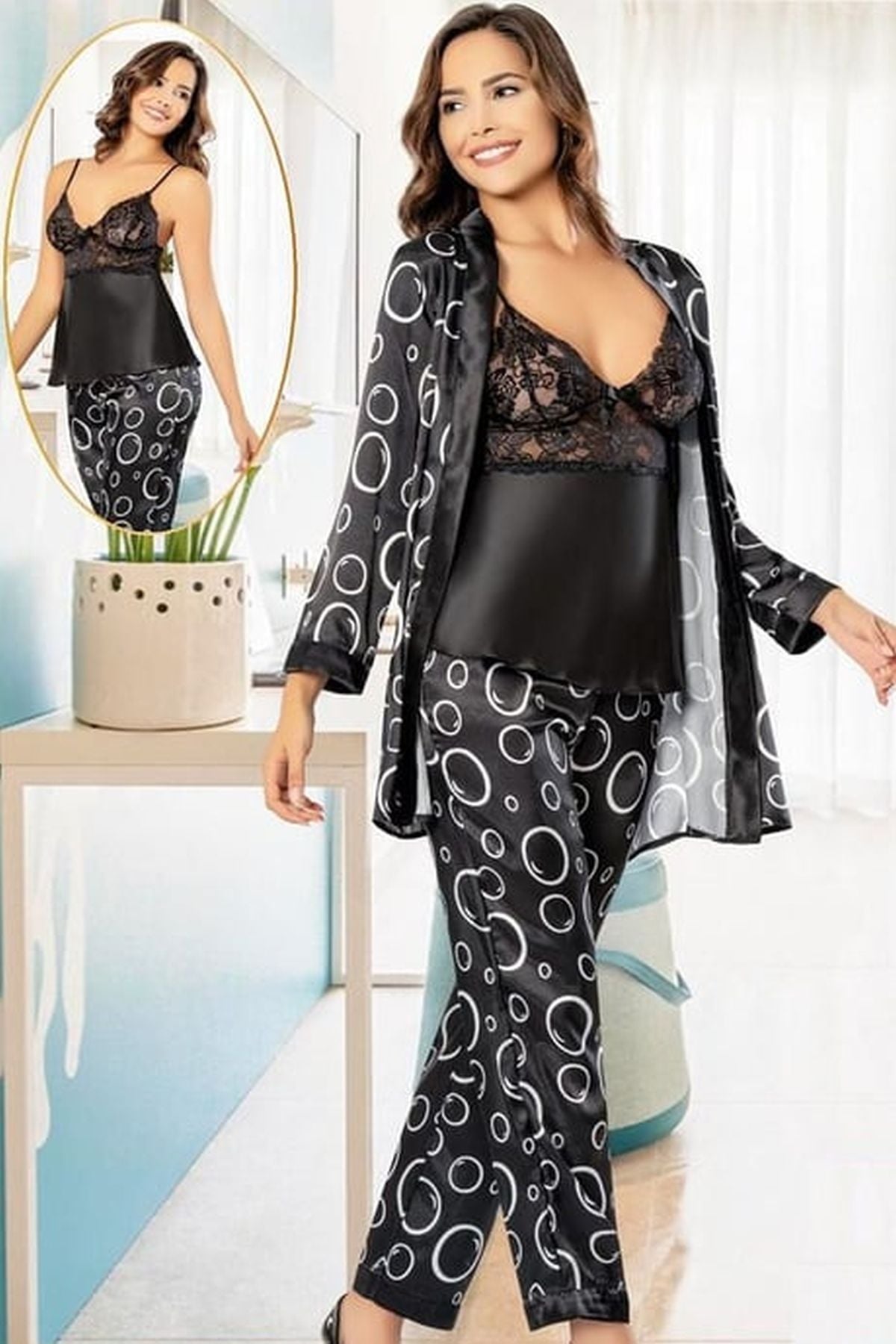 Xses 2152 Kadın Sıyah Saten Empirme Sabahlıklı Pijama Takım