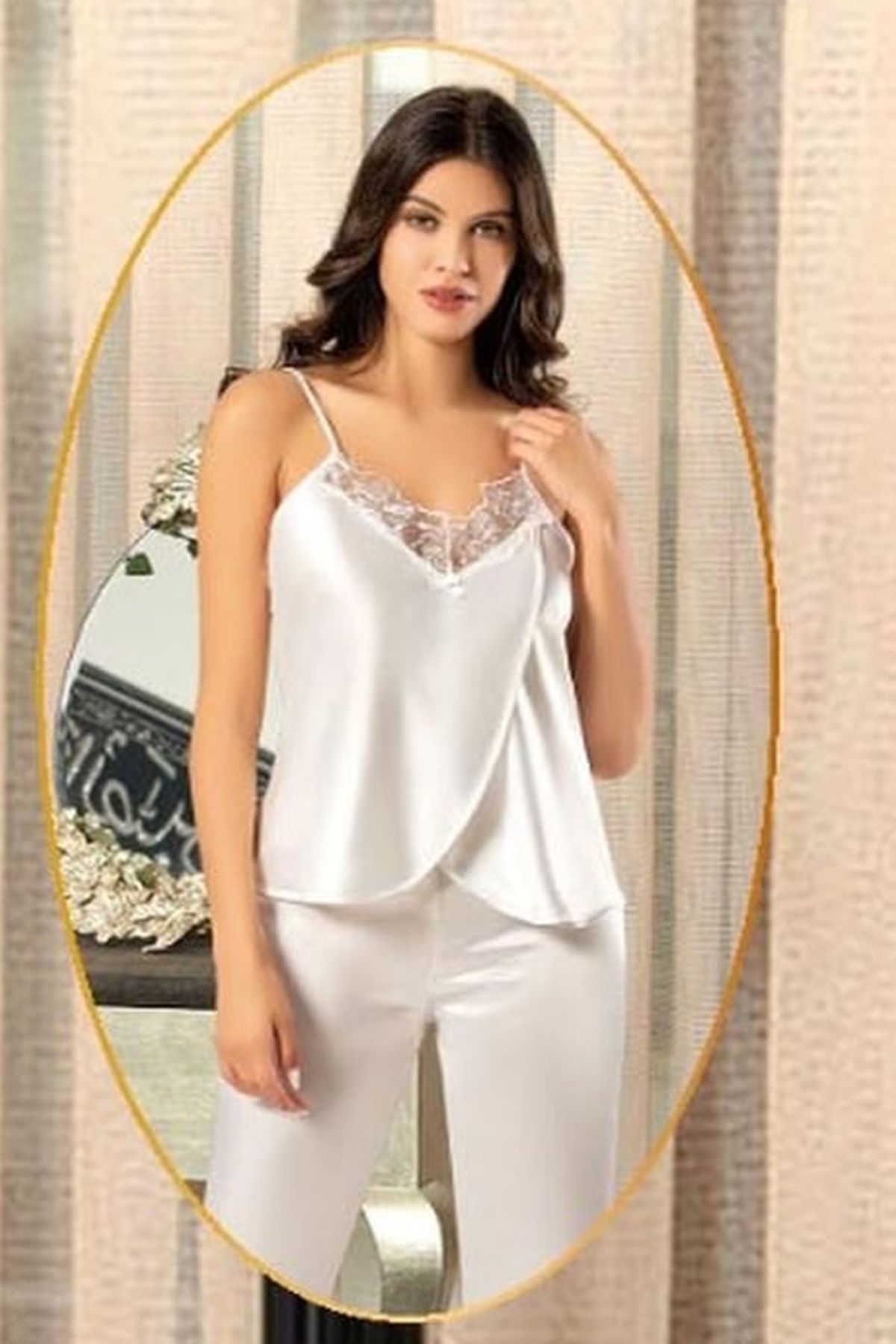 Xses 2165 Kadın Ekru Saten Empirme Sabahlıklı 4Lü Pijama Takım