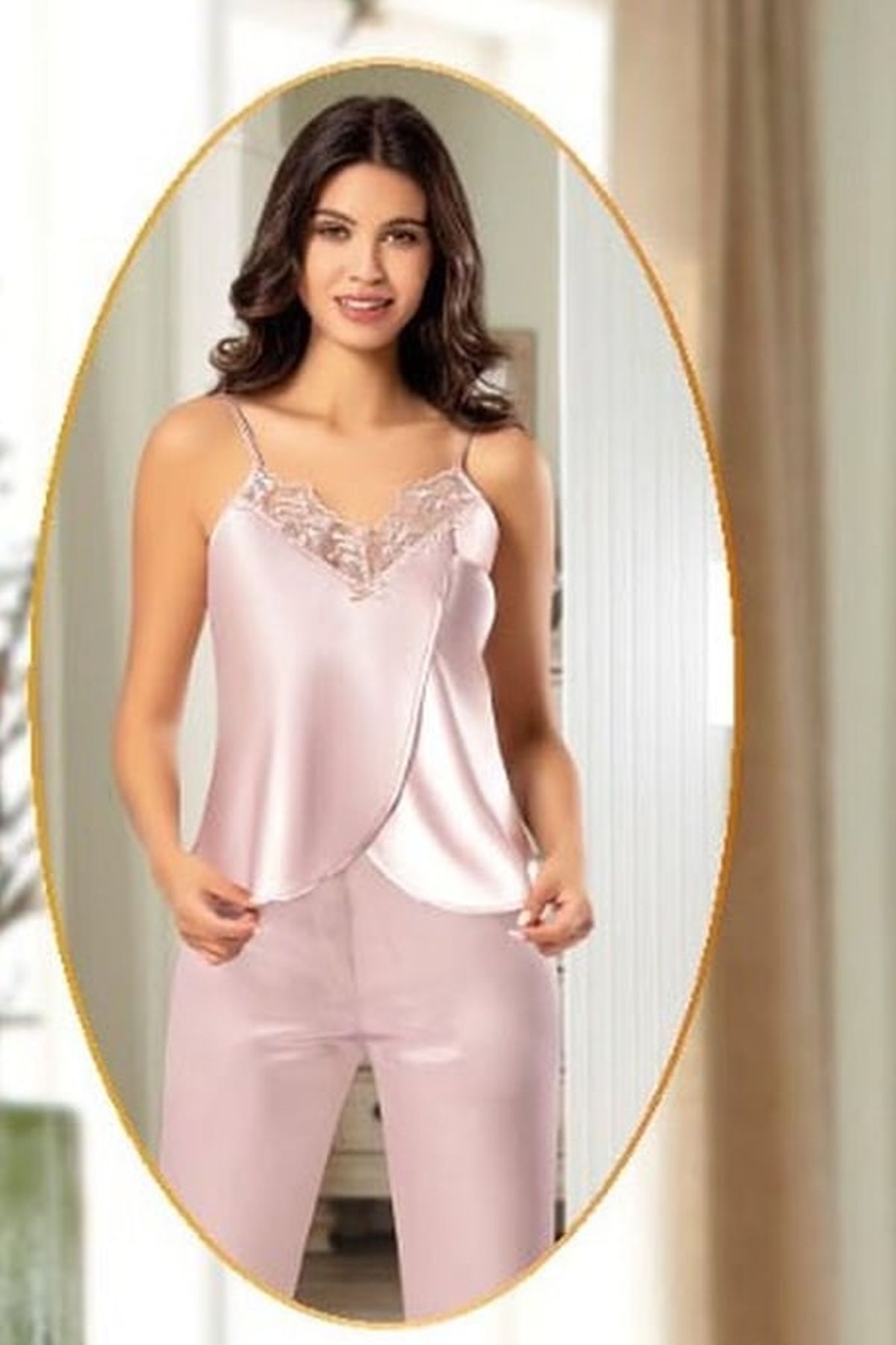 Xses 2165 Kadın Pudra Saten Empirme Sabahlıklı 4Lü Pijama Takım