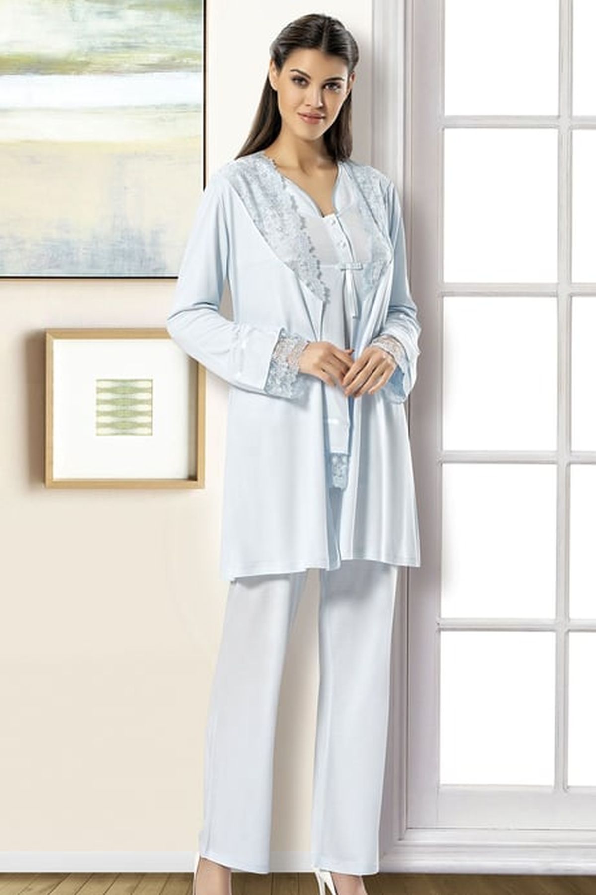 Xses 2190 Kadın Mavı Hamile Lohusa Sabahlıklı Uzun Kollu Pijama Takım