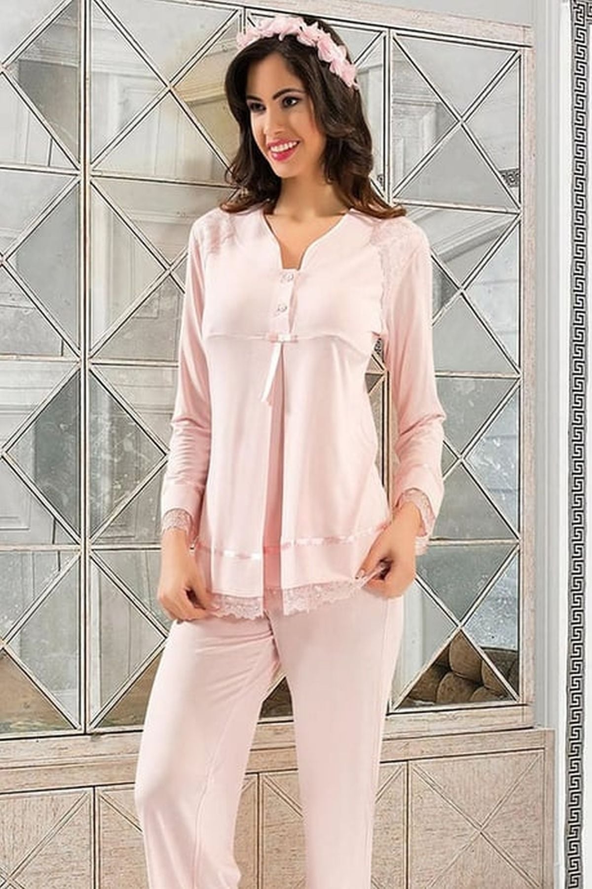 Xses 2190 Kadın Pudra Hamile Lohusa Sabahlıklı Uzun Kollu Pijama Takım