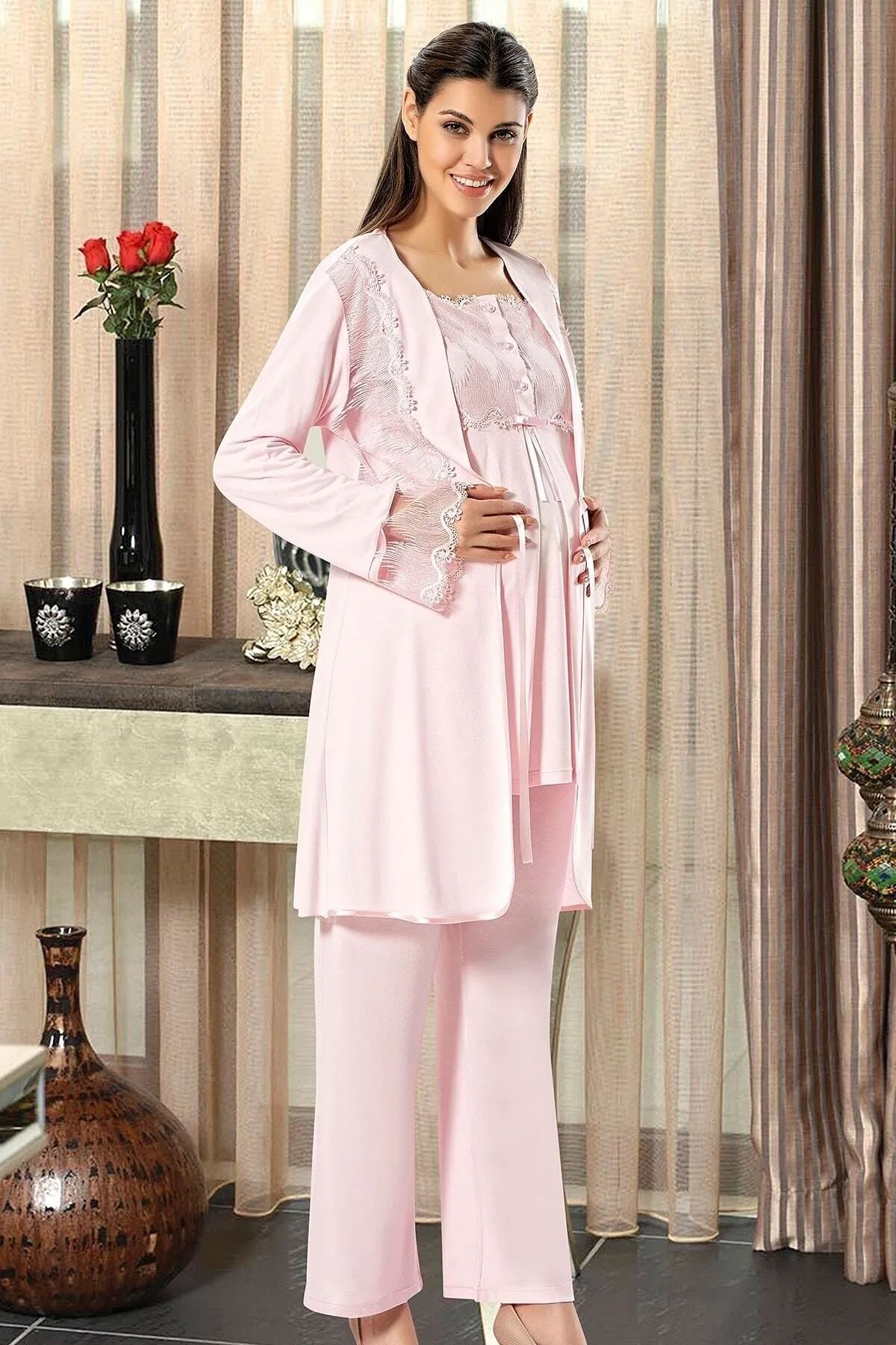 Xses 2195 Kadın Pudra Hamile Lohusa Sabahlıklı Uzun Kollu Pijama Takım