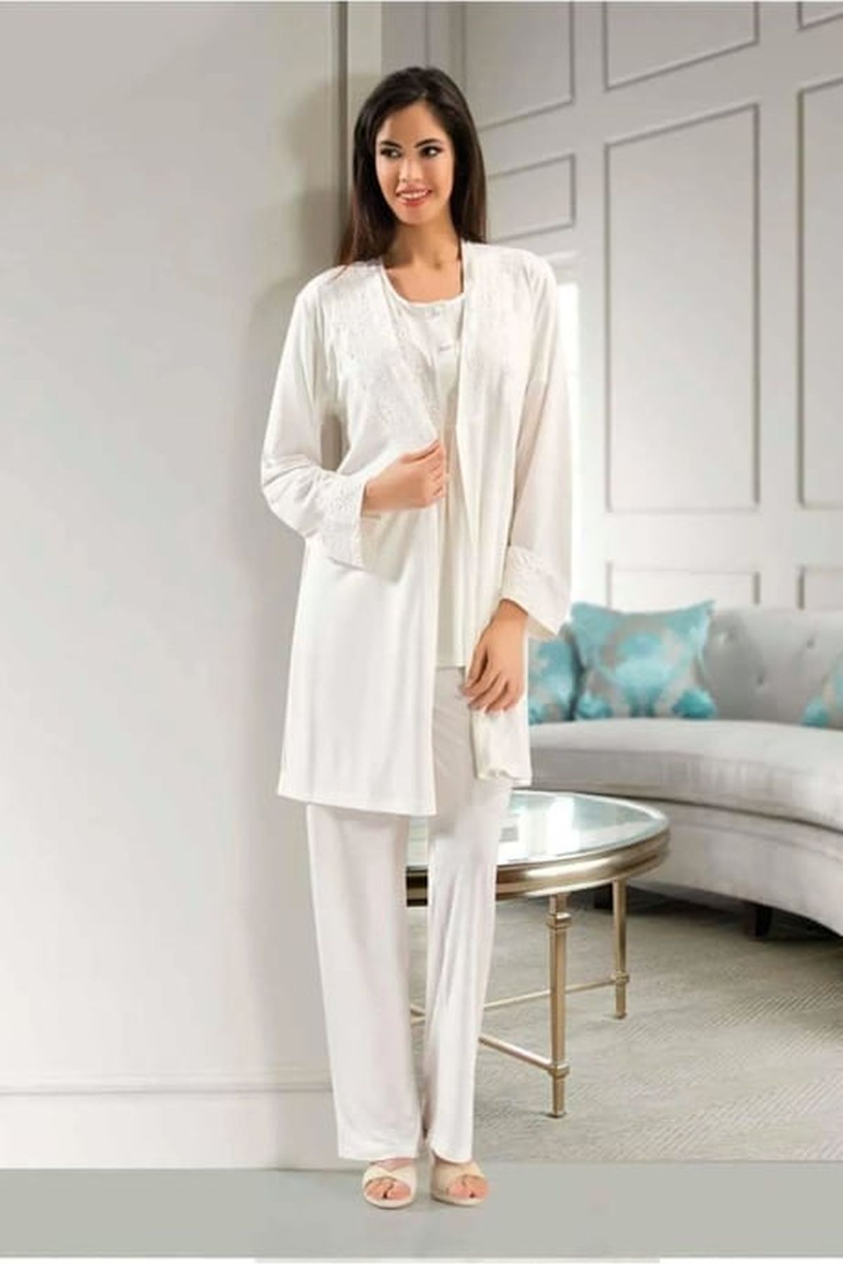 Xses 4001 Kadın Ekru Hamile Lohusa Sabahlıklı Kısa Kollu Pijama Takım