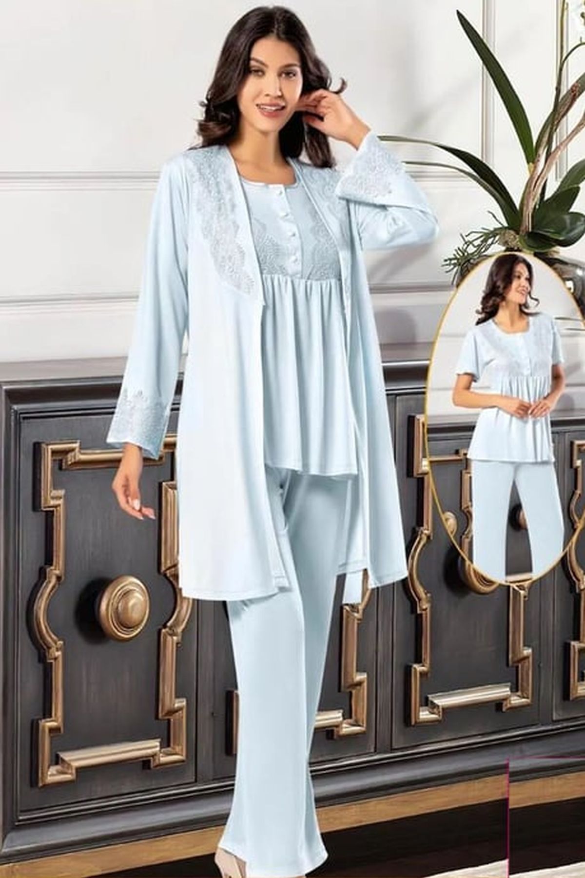 Xses 4001 Kadın Mavı Hamile Lohusa Sabahlıklı Kısa Kollu Pijama Takım