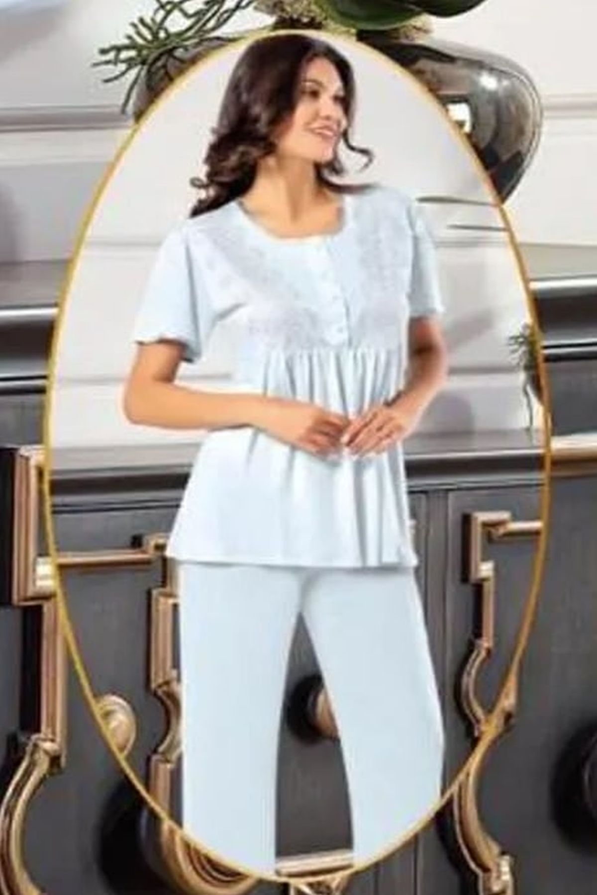 Xses 4001 Kadın Mavı Hamile Lohusa Sabahlıklı Kısa Kollu Pijama Takım