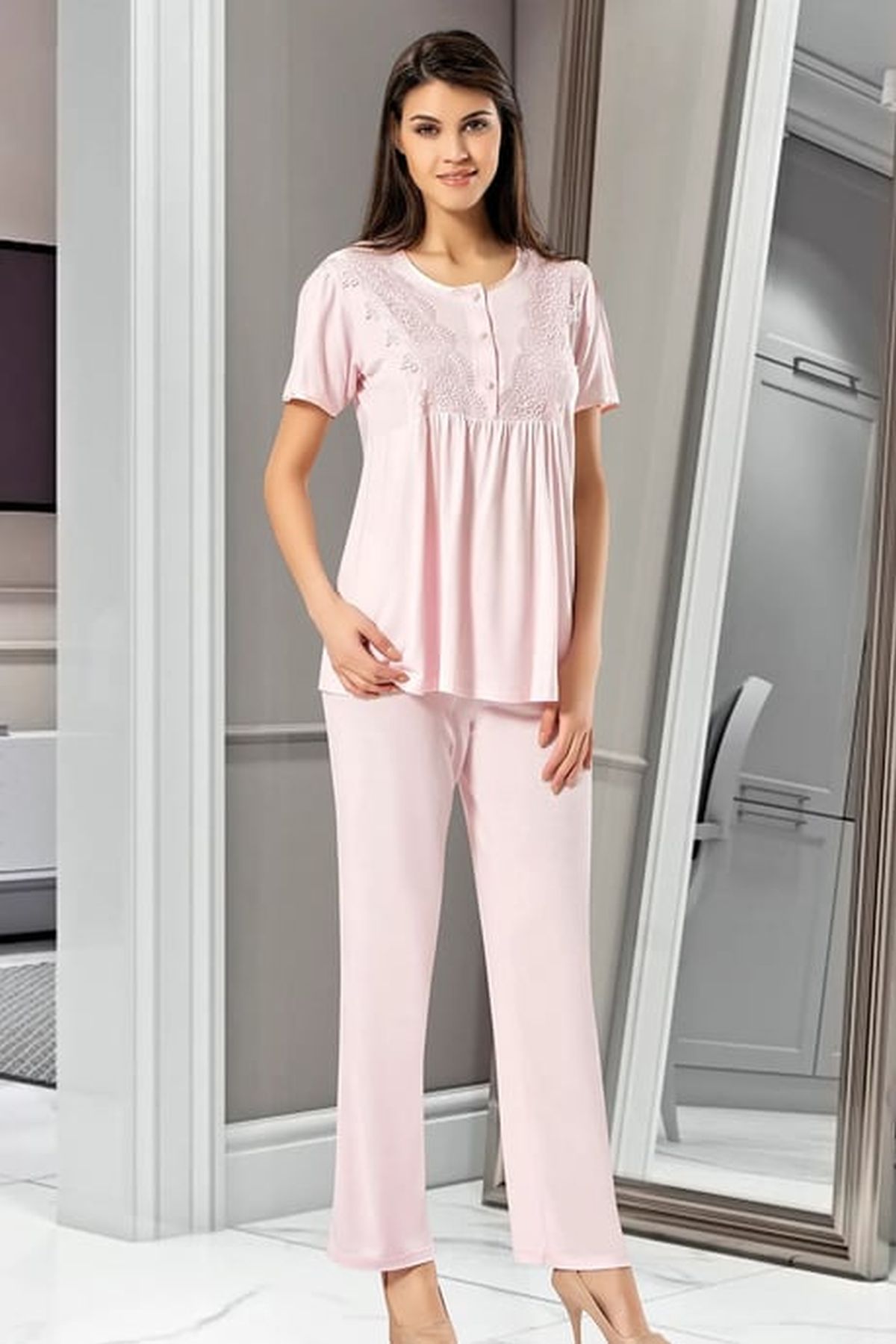 Xses 4001 Kadın Pudra Hamile Lohusa Sabahlıklı Kısa Kollu Pijama Takım