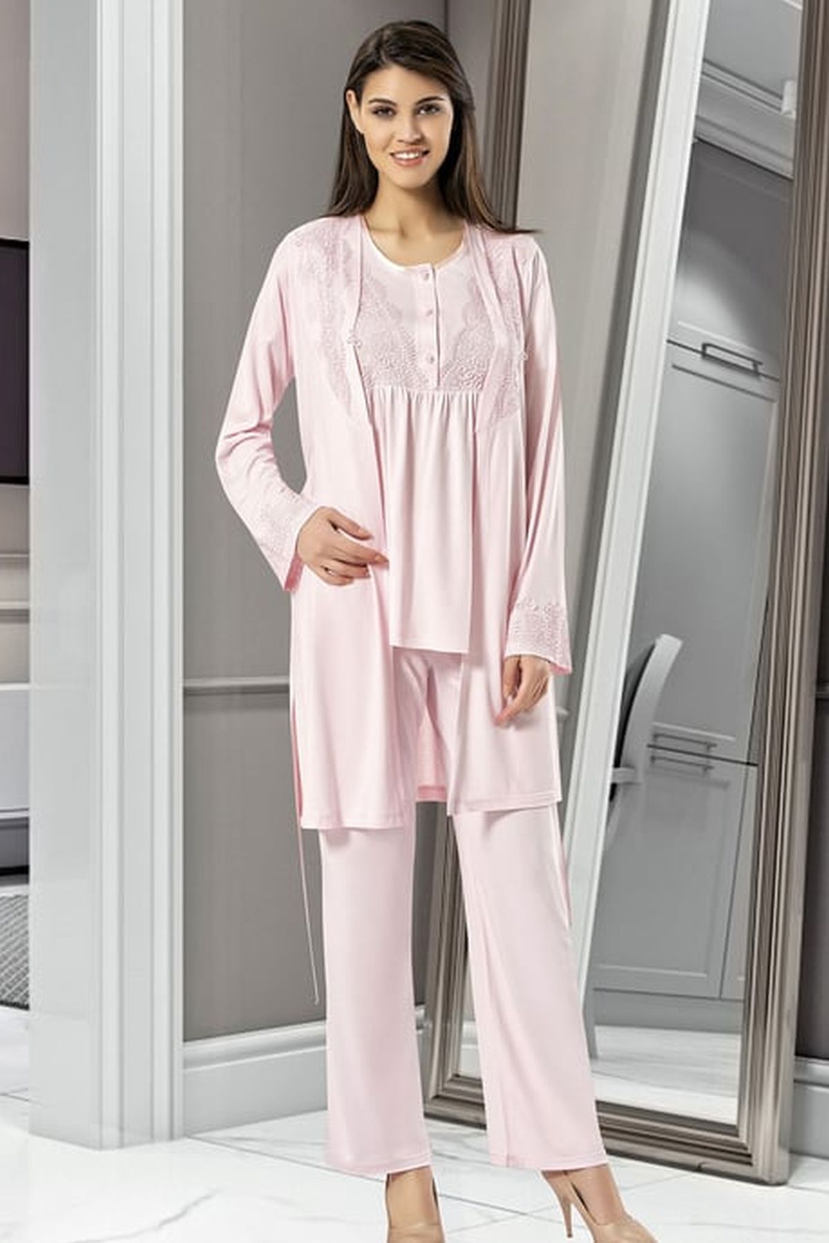 Xses 4001 Kadın Pudra Hamile Lohusa Sabahlıklı Kısa Kollu Pijama Takım