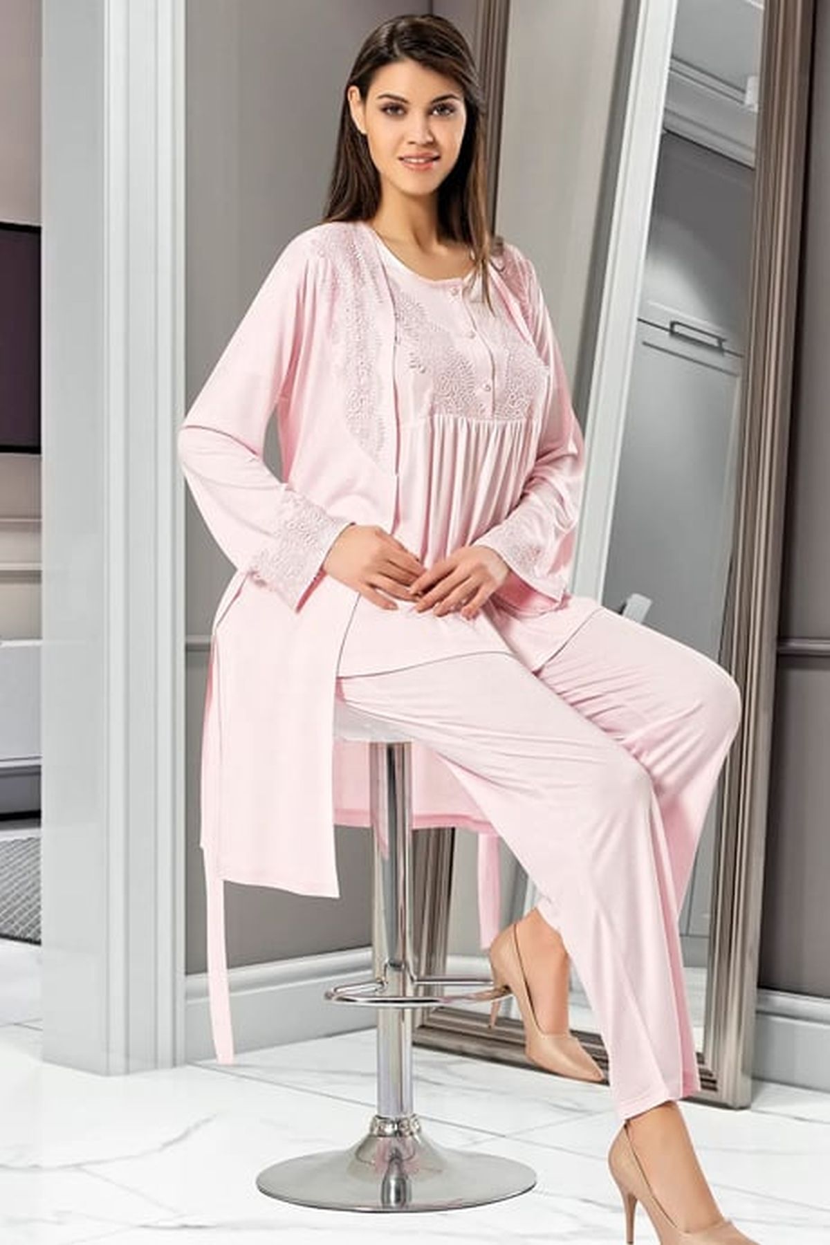 Xses 4001 Kadın Pudra Hamile Lohusa Sabahlıklı Kısa Kollu Pijama Takım