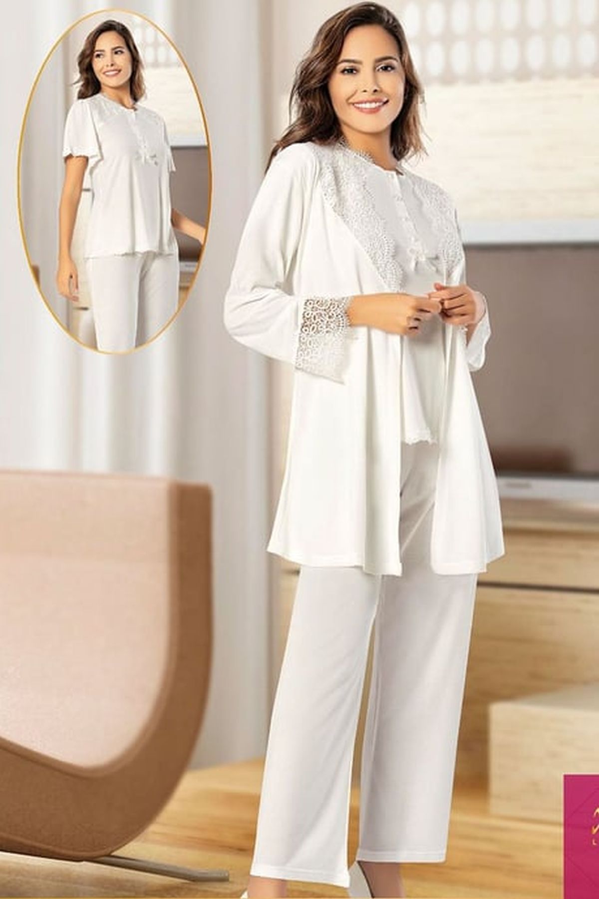 Xses 4200 Kadın Ekru Hamile Lohusa Sabahlıklı Yarım Kollu Pijama Takım
