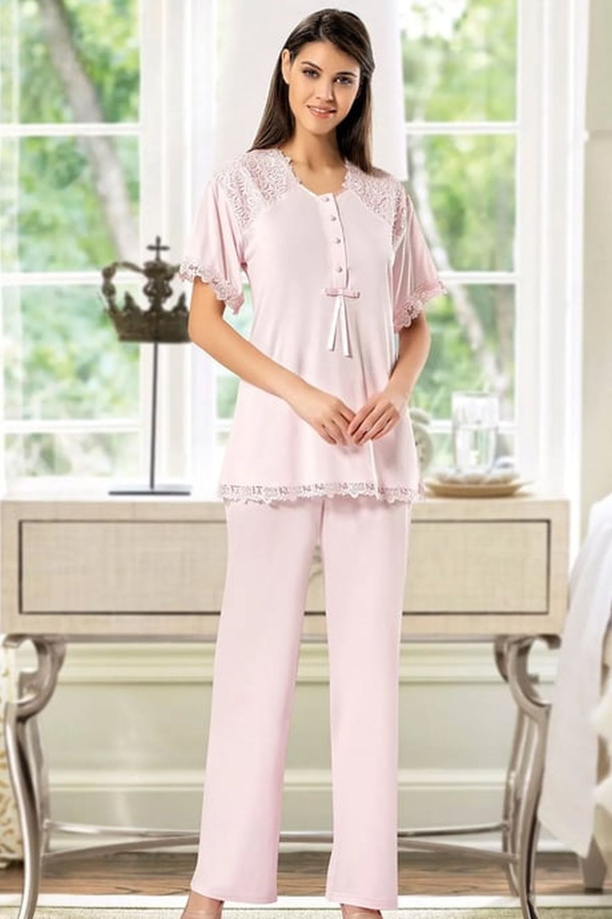 Xses 4200 Kadın Pudra Hamile Lohusa Sabahlıklı Yarım Kollu Pijama Takım