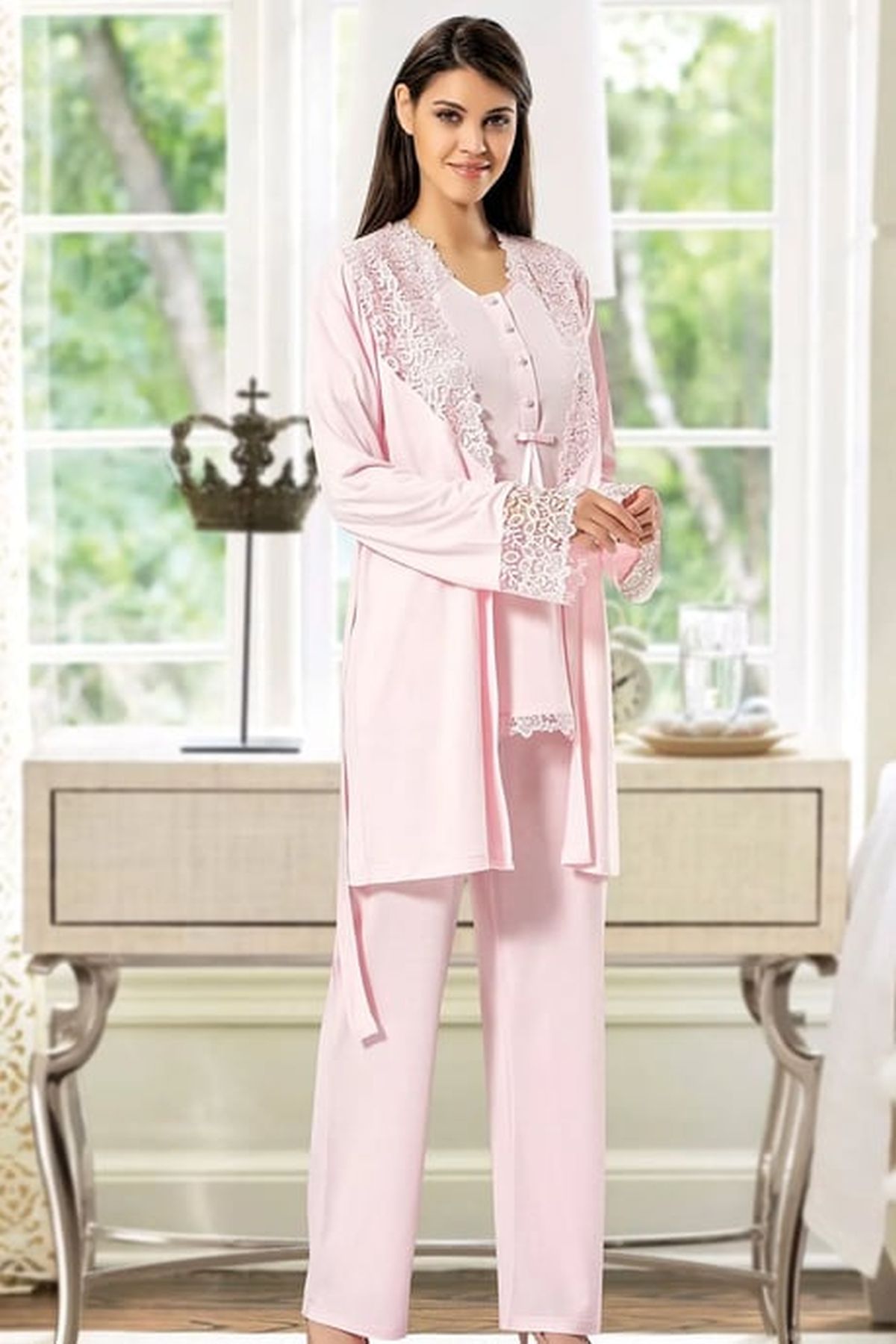Xses 4200 Kadın Pudra Hamile Lohusa Sabahlıklı Yarım Kollu Pijama Takım