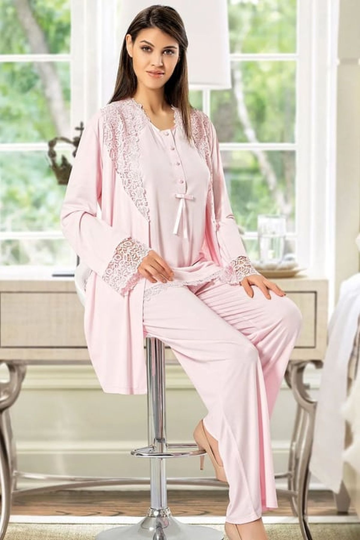 Xses 4200 Kadın Pudra Hamile Lohusa Sabahlıklı Yarım Kollu Pijama Takım