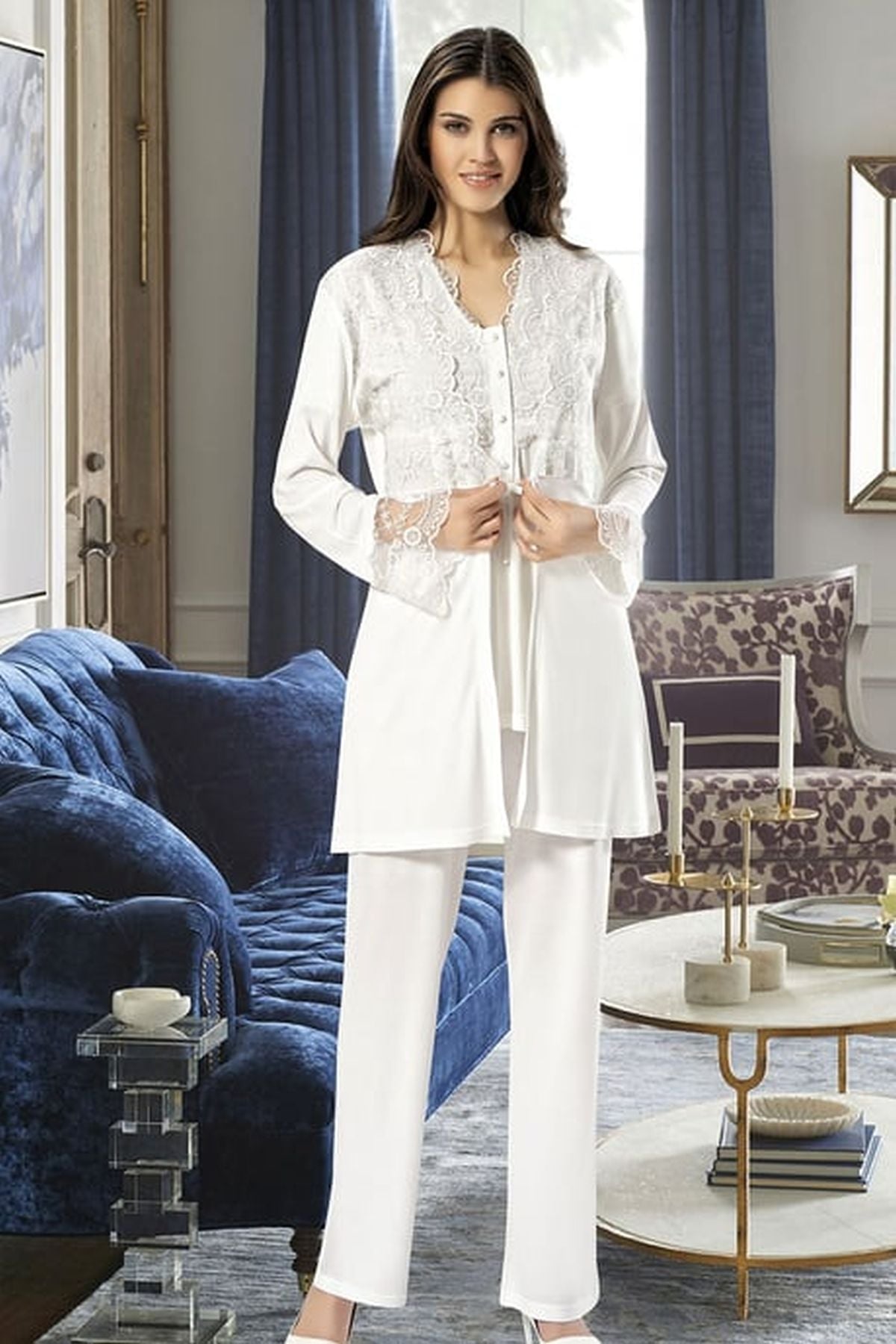 Xses 4300 Kadın Ekru Hamile Lohusa Sabahlıklı Yarım Kollu Pijama Takım