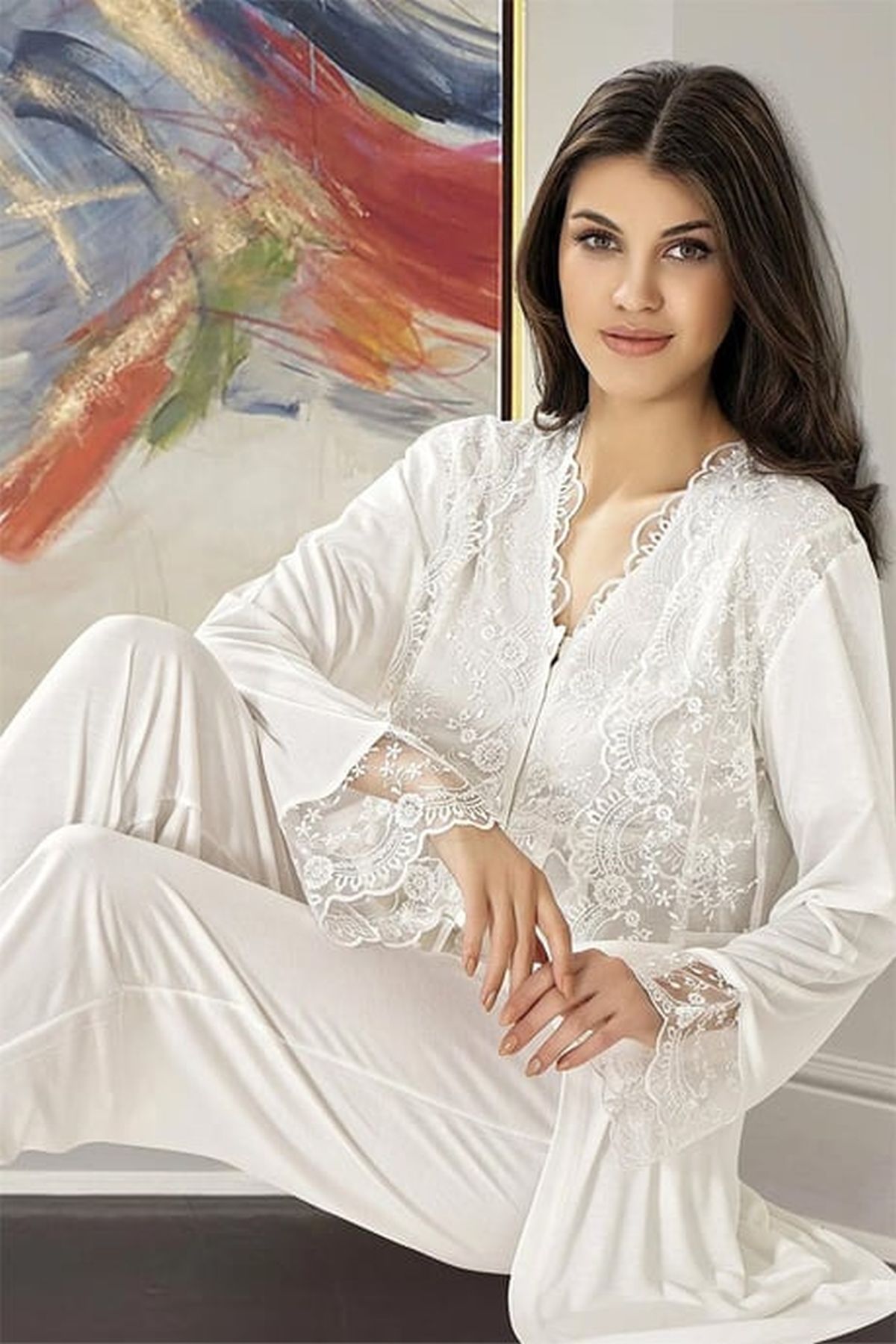 Xses 4300 Kadın Ekru Hamile Lohusa Sabahlıklı Yarım Kollu Pijama Takım