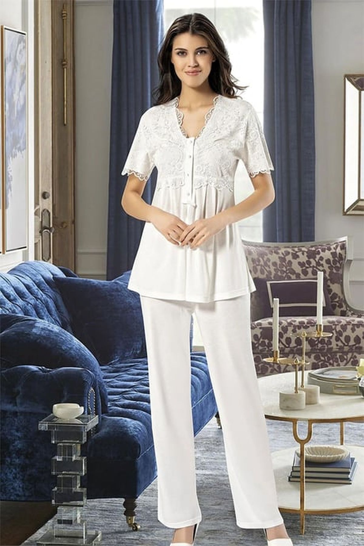 Xses 4300 Kadın Ekru Hamile Lohusa Sabahlıklı Yarım Kollu Pijama Takım