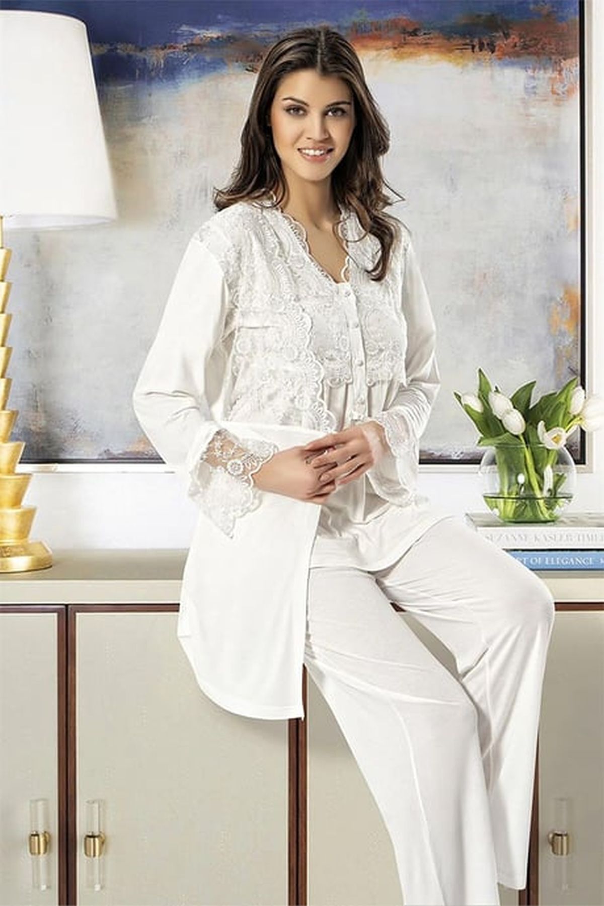 Xses 4300 Kadın Ekru Hamile Lohusa Sabahlıklı Yarım Kollu Pijama Takım