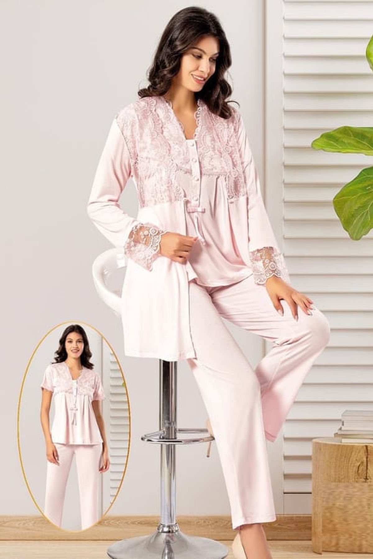Xses 4300 Kadın Pudra Hamile Lohusa Sabahlıklı Yarım Kollu Pijama Takım