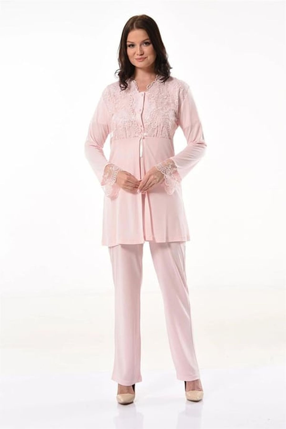 Xses 4300 Kadın Pudra Hamile Lohusa Sabahlıklı Yarım Kollu Pijama Takım