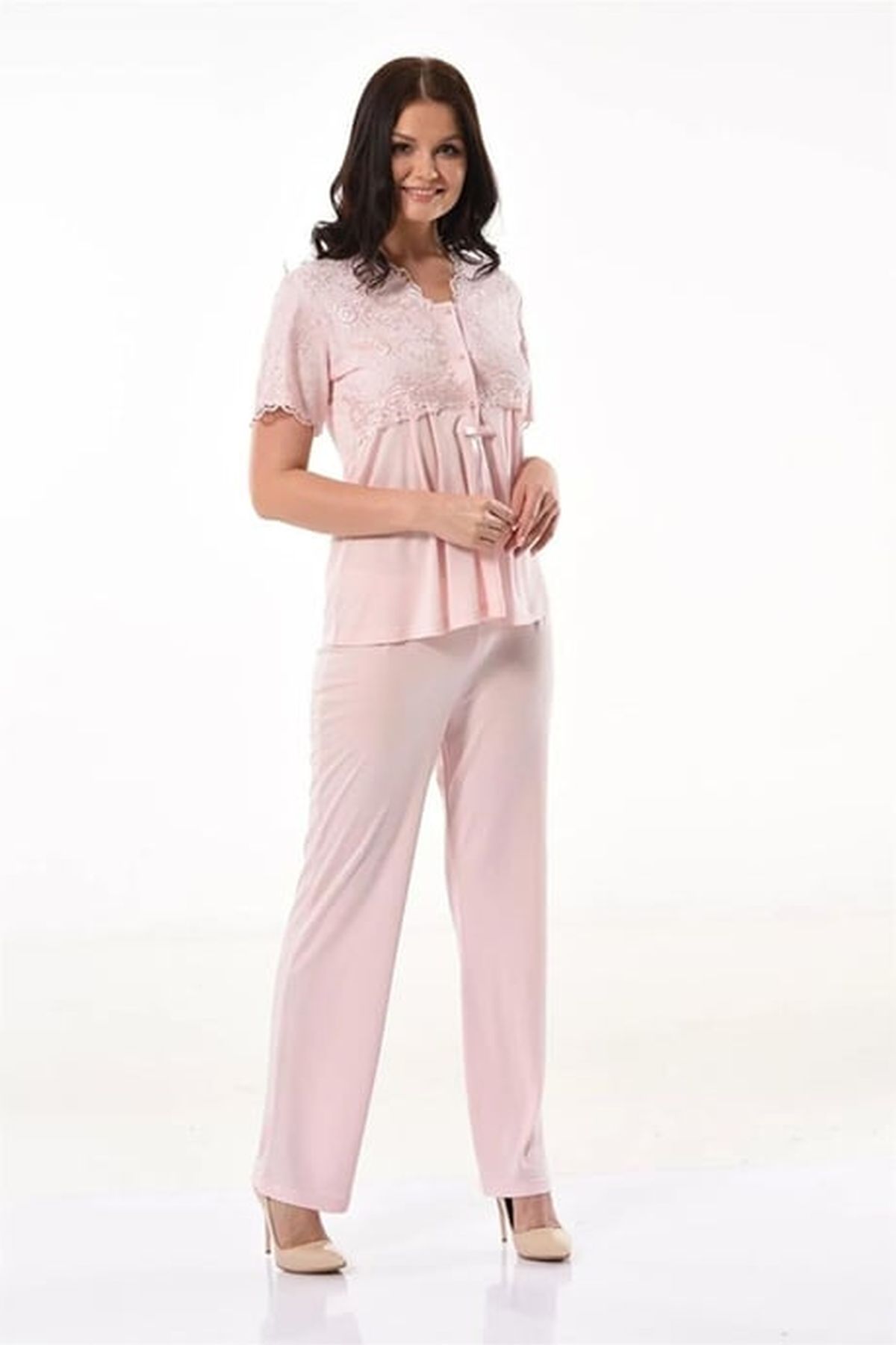 Xses 4300 Kadın Pudra Hamile Lohusa Sabahlıklı Yarım Kollu Pijama Takım