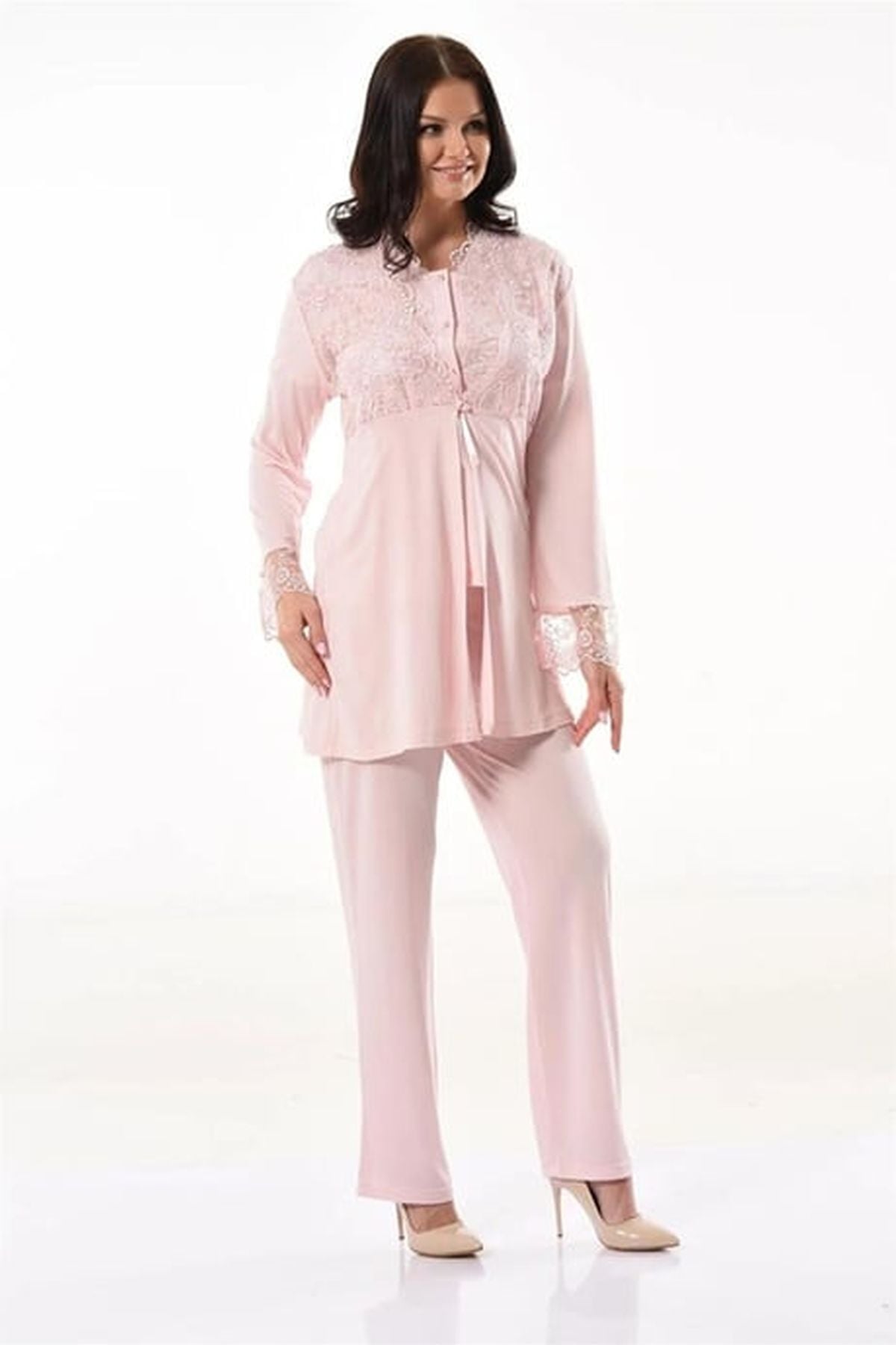 Xses 4300 Kadın Pudra Hamile Lohusa Sabahlıklı Yarım Kollu Pijama Takım