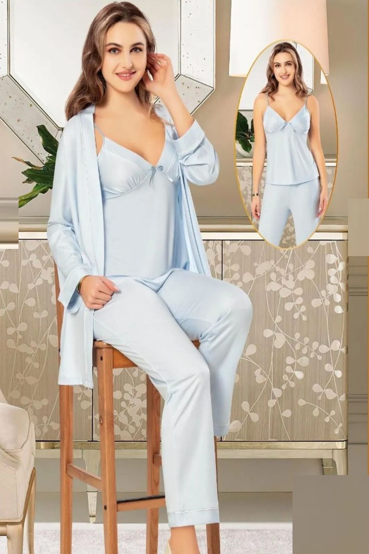 Xses 5015 Kadın Mavı Penye Sabahlıklı 3 Lü Pijama Takım