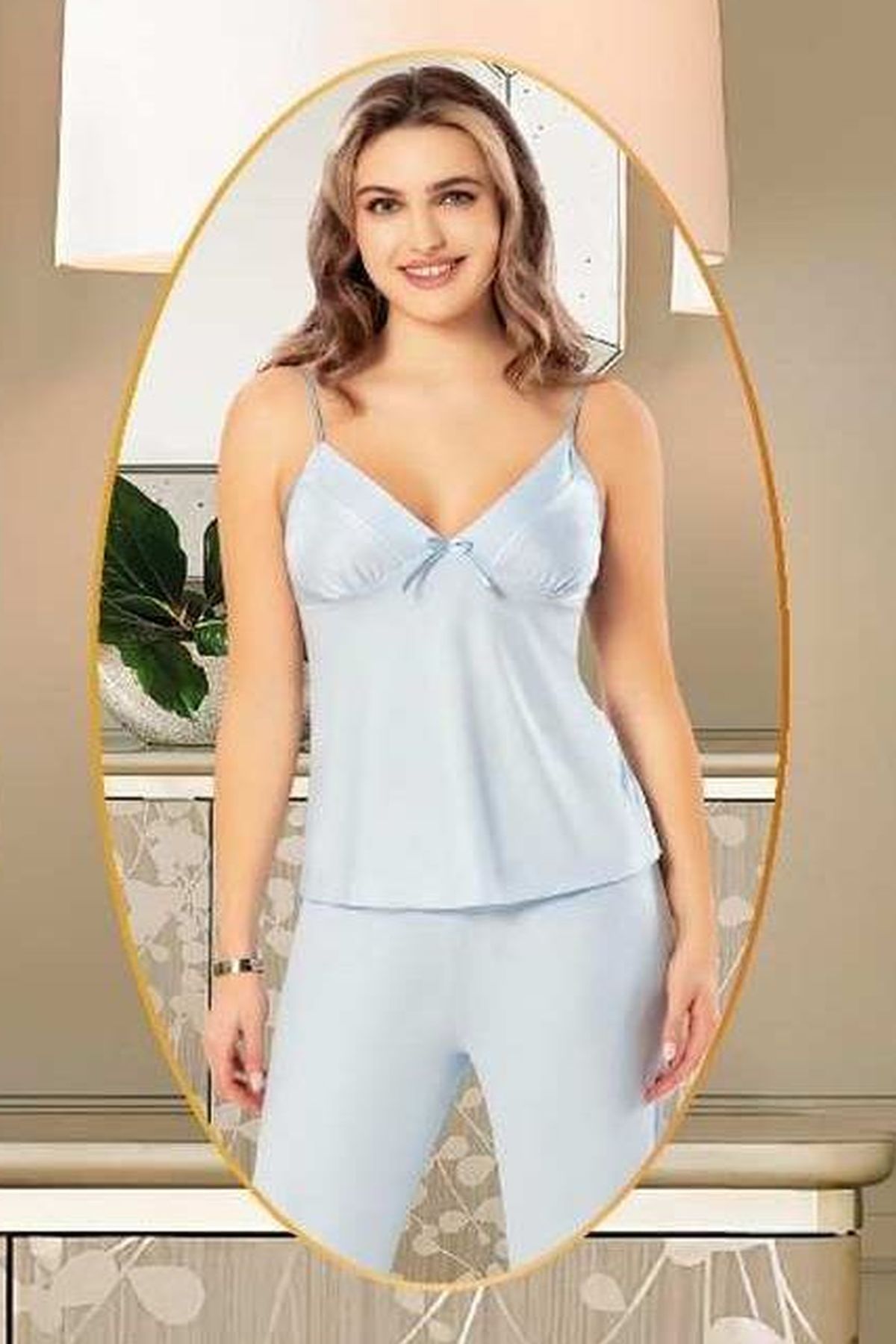 Xses 5015 Kadın Mavı Penye Sabahlıklı 3 Lü Pijama Takım