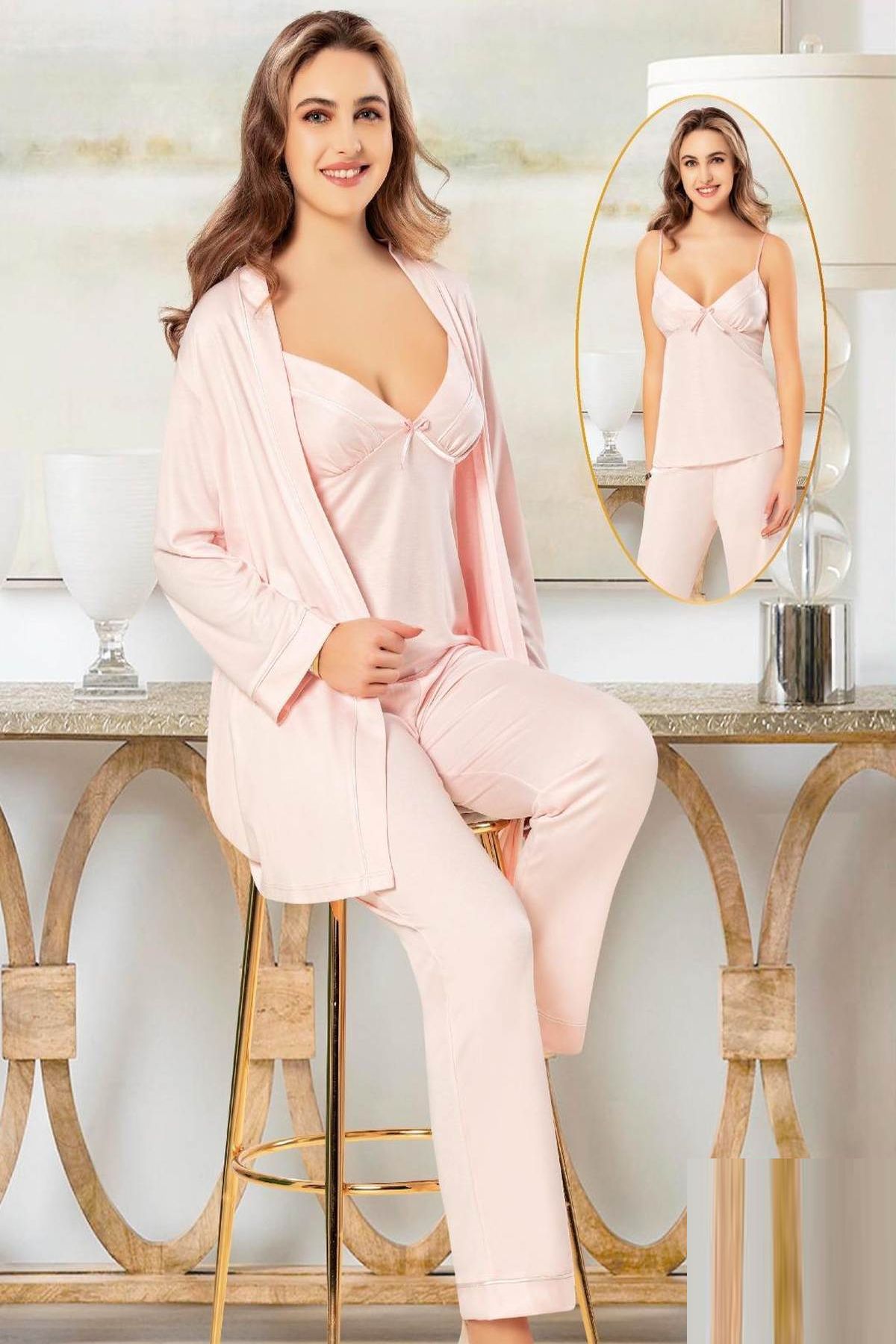 Xses 5015 Kadın Pudra Penye Sabahlıklı 3 Lü Pijama Takım