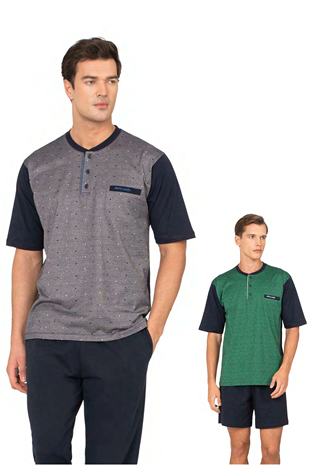 	Pierre Cardin 6132 Erkek Saks Kısa Kollu Yarım Pat Jakarlı 3Lü Pijama Takımı