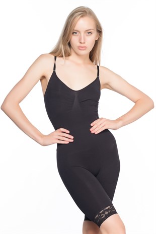 Emay 2031 Dikişsiz Paçası Dantel Body Boxer Korse Siyah