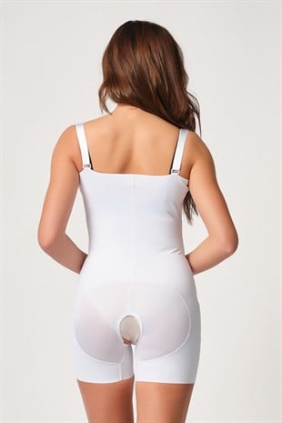 Emay 2834 Lazer Kesim Fermuarlı Göğsü Açık Tül Kalça Detaylı Korse Beyaz