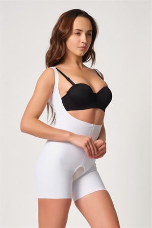 Emay 2834 Lazer Kesim Fermuarlı Göğsü Açık Tül Kalça Detaylı Korse Beyaz