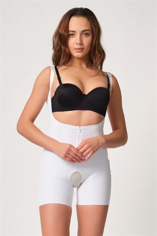 Emay 2834 Lazer Kesim Fermuarlı Göğsü Açık Tül Kalça Detaylı Korse Beyaz