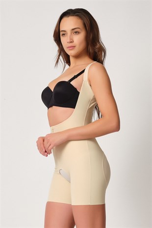 Emay 2834 Lazer Kesim Fermuarlı Göğsü Açık Tül Kalça Detaylı Korse Ten