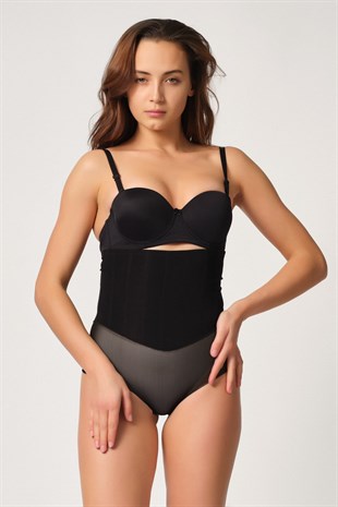 Emay 2945 Tül Karyokalı Lazer Slip Korse Siyah